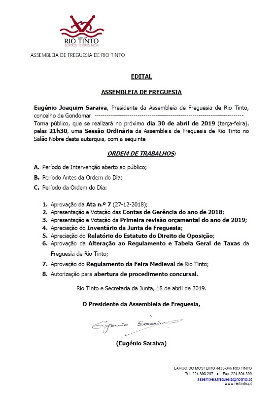 2019 04 30 Assembleia de Freguesia de Rio Tinto